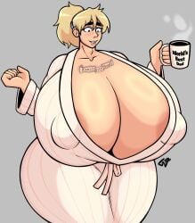 1boy 1femboy areola_slip ares_hammer artist_signature bathrobe big_breasts blonde_hair breasts_bigger_than_head busty_boy chest_tattoo cleavage coffee_mug dilf femboy_dilf gr8p_ju1ce grapejuicerulez huge_breasts male_breasts male_cleavage male_only male_with_breasts massive_breasts mature nipple_bulge signature tagme tattoo