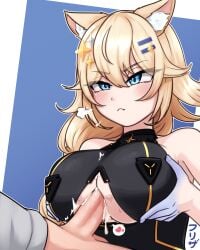 1boy animal_ears black_leotard blonde_hair blue_eyes blue_skin blush bow breasts breasts_squeezed_together cat_ears cat_girl clothing_cutout colored_skin commentary cum cum_on_body cum_on_breasts efreezerarts english_commentary female hair_between_eyes hair_ornament hairbow highres kaneko_lumi kaneko_lumi_(4th_costume) large_breasts leotard long_hair paizuri penis phase_connect pout puff_of_air solo_focus star_(symbol) straight sweat uncensored virtual_youtuber