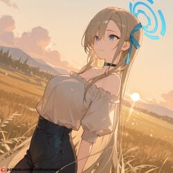 ai_generated asuna_(blue_archive) beautfiul_background lawn medium_breasts over-the-shoulder stunning_backgroud tear