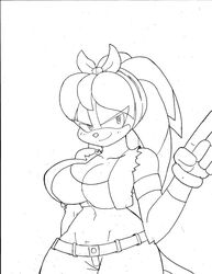 anthro bandicoot big_breasts breasts clothed clothing digital_media_(artwork) female feral fur gloves hair handwear huge_breasts long_hair looking_at_viewer mammal marsupial monochrome orange_eyes perci_the_bandicoot simple_background smile solo sonic_(series) sonic_boom sonic_the_hedgehog_(series) staci_the_bandicoot superbunnygt video_games