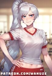 ai_generated blue_eyes blush gym gym_uniform rwby scar small_breasts smile standing wanuze weiss_schnee white_hair wide_hips