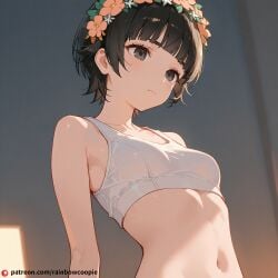 ai_generated backwards bangs black_eyes black_hair blunt_bangs chart crop_top disdain flower hair_flower hair_ornament head_wreath short_hair small_breasts uiharu_kazari