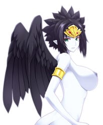 black_hair black_wings breasts duel_monster fabled_grimro feathers female green_eyes jewelry large_breasts monster_girl naturalton nipples nude pale_skin pointy_ears wings yu-gi-oh!