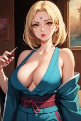 1girls ai_generated ai_hands big_breasts blonde_hair blue_dress curvy curvy_figure dh_lucky eyes forehead_mark kimono lipstick long_hair naruto naruto_(series) solo tsunade