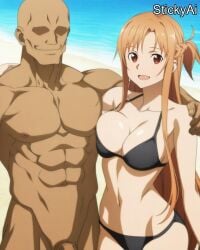 1boy, ai_generated asuna_(sao) beach brown_eyes brown_hair faceless_male hug large_breasts long_hair muscular_male shiny_skin stickyai sword_art_online yuuki_asuna