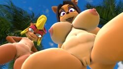 2girls activision anthro beach big_breasts breasts coco_bandicoot crash_(series) crash_team_racing_nitro-fueled cub daemont92 female liz_bandicoot looking_at_viewer nipples nude nudity pussy vagina young