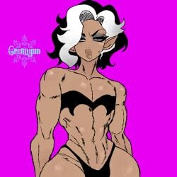 bimbo_lips bimbofication curly_hair dark_skin femboy flat_chest gremiyun muscular_male original_character small_waist thong trap