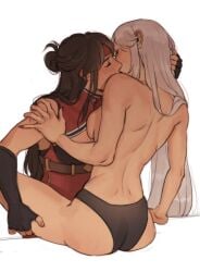 2girls beidou_(genshin_impact) blush brown_hair burgyy closed_eyes exposed_breasts fully_clothed genshin_impact grabbing grabbing_legs grabbing_shoulders kissing ningguang_(genshin_impact) panties partially_clothed red_nails white_background white_hair yuri