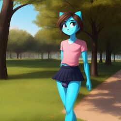 ai_generated anthro balls_in_panties black_panties blue_fur blue_skin brown_hair cat_ears cat_humanoid cock_bulge crossdressing feline femboy girly gumball_watterson male male_only park pink_shirt shirt skinny skirt solo the_amazing_world_of_gumball young