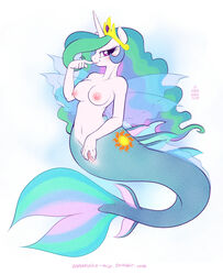 2014 anthro anthrofied blush breasts cutie_mark equine female friendship_is_magic fur hair horse looking_at_viewer mammal mermaid multicolored_hair my_little_pony nipples onnanoko plain_background pony princess_celestia_(mlp) purple_eyes pussy smile solo white_background white_fur