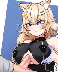 1boy animal_ears black_leotard blonde_hair blue_eyes blue_skin bow breasts breasts_squeezed_together cat_ears cat_girl clothing_cutout colored_skin commentary efreezerarts english_commentary female hair_between_eyes hair_ornament hairbow highres kaneko_lumi kaneko_lumi_(4th_costume) large_breasts leotard long_hair paizuri penis phase_connect solo_focus star_(symbol) straight sweat uncensored virtual_youtuber