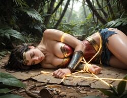 1girls ai_generated black_hair bondage bound bound_arms bound_legs bound_thighs bound_together bracers cleavage closed_eyes dc dc_extended_universe dceu defeated defeated_heroine diana_prince female female_only forest gal_gadot lasso_of_truth laying laying_on_ground laying_on_side lazykiller07 long_hair outdoors realistic restrained ripped_clothing rope_bondage sad skirt solo solo_female thick_thighs thighs tiara unconscious wonder_woman wonder_woman_(dceu)