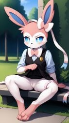 1girls 2025 ai_generated annoyed anthro blue_eyes blushing digitigrade dress dress_lift eeveelution female female_only generation_6_pokemon hi_res innie_pussy looking_at_viewer nintendo outdoors panties panties_around_leg pink_fur pokemon pokemon_(species) pussy sitting sylveon white_fur