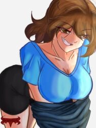 arched_back artist_name bare_thighs big_ass big_breasts blank_thumbnail blue_skirt brock903 brown_eyes brown_hair collarbone crop_top hoodie self_upload short_hair shorts smiling smiling_at_viewer smug_grin undressing