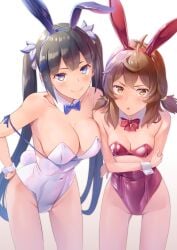 arms_under_breasts bare_arms bare_legs bare_shoulders bare_thighs belly_button_visible_through_clothing big_breasts black_hair blue_eyes blush breasts brown_eyes brown_hair bunny_ears bunny_tail bunnysuit cleavage closed_mouth collarbone crossed_arms detached_collar dungeon_ni_deai_wo_motomeru_no_wa_machigatteiru_darou_ka goddess hair_ribbon hand_on_own_hip hestia_(danmachi) highleg_leotard leotard liliruca_arde long_hair medium_hair noshiro_tomoya parted_lips red_leotard small_breasts smile strap_slip strapless_leotard thighs twintails white_leotard wrist_cuffs