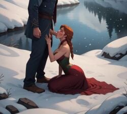 ai_generated anna_(frozen) blowjob clothed fellatio frozen_(film) lake snow