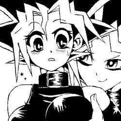 1boy 1girls blush breast_fondling breast_grab breasts collar female grabbing greyscale lowres monochrome rule_63 star sweatdrop yami_yugi yu-gi-oh! yugi_muto yuu-gi-ou_duel_monsters