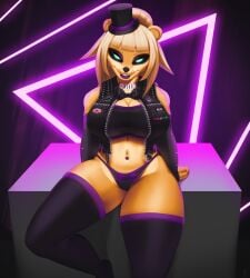 female five_nights_at_freddy's fnaf fredbear_(fnaf) fredina's_nightclub golden_freddy_(fnaf) higher_resolution_duplicate looking_at_viewer olexafox panties pupiless_eyes stockings tagme thick_thighs vest