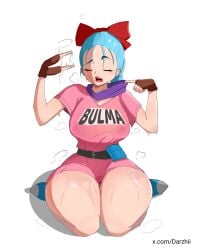 1girls 2024 blue_hair bulma_briefs closed_eyes clothing darzhii dragon_ball dragon_ball_(classic) female female_only fingerless_gloves hair_ribbon hand_fan kneeling solo text_on_clothing thick_thighs very_high_resolution white_background