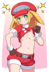 1girls blonde_hair blush breasts buzzlyears mega_man mega_man_legends nipples roll_caskett small_breasts