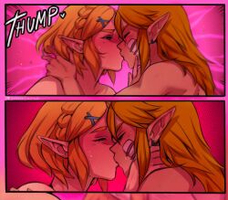 1boy1girl blonde_hair blush color comic_page earring heart_beating holding_each_other hylian hylian_ears inspyart kissing link link_(tears_of_the_kingdom) long_hair_male naked nintendo passionate_kiss princess_zelda short_hair_female sweat tears_of_the_kingdom the_legend_of_zelda zelda_(tears_of_the_kingdom)