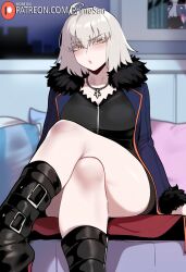 1girls :o ai_generated boots coat crossed_legs dress fate_(series) fur_trimmed_coat gray_hair jeanne_alter large_breasts legwear official_alternate_costume primosan short_dress short_hair sitting solo yellow_eyes zipper zipper_dress