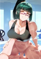 1boy 1girls ai_generated breast_grab breast_lift cleavage cowgirl_position cowgirl_position glasses grabbing_another's_breast gym high_ponytail jujutsu_kaisen large_breasts looking_pleasured partially_clothed ponytail pov sex sports_bra thigh_grab tittyg-ai vaginal_penetration zenin_maki