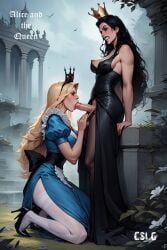 1futa 1girls ai_generated alice_(disney) alice_in_wonderland alice_liddell blonde_hair blowjob blue_eyes clothed clothed_sex clothing cslg diadem disney female femdom femsub forced forced_oral futa_on_female futanari long_hair magical_penis oral pantyhose petite queen_of_hearts_(alice_in_wonderland) slim stockings strap-on strap-on_fellatio strapon sucking_strap-on white_legwear yuri