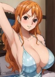 ai_generated arm_up armpits bedroom breasts cleavage dress female female_only gabrail huge_breasts looking_at_viewer nami nami_(one_piece) one_piece tattoo