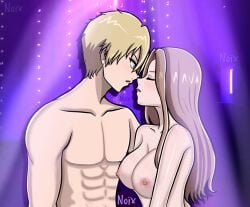 blonde_hair breasts brown_hair couple digimon mimi_tachikawa noïx purple_background yamato_ishida