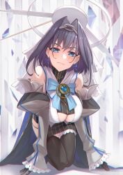 big_breasts blue_eyes blue_hair breasts cleavage female hololive hololive_english hololive_english_-council- hololive_english_-promise- huge_breasts kelfii_(artist) large_breasts ouro_kronii skirt solo underboob virtual_youtuber wholesome