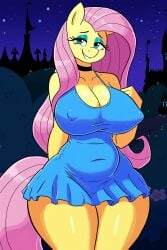 ai_generated alternate_breast_size alternate_costume animal_ears anthro choker chubby cleavage equid equine eyeshadow fluttershy_(mlp) friendship_is_magic furry furry_female furry_focus furry_only hasbro horse_girl long_hair looking_at_viewer majorfluffy makeup mature_female mature_furry my_little_pony nipple_bulge novelai pink_hair pony pony_girl seductive seductive_eyes seductive_smile sundress teal_eyes thick_thighs wide_hips yellow_body