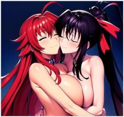 ai_generated akeno_himejima black_hair black_hair_bottom domination high_school_dxd light_hair_on_dark_hair red_hair red_hair_on_black_hair red_hair_top rias_gremory yuri