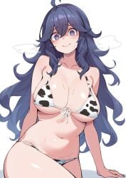 1girls ahoge animal_print bikini blush breasts cleavage cow_print cow_print_bikini creatures_(company) female game_freak hair_between_eyes hairband hex_maniac highres kamidan large_breasts long_hair looking_at_viewer navel nintendo pokemon pokemon_xy print_bikini purple_eyes purple_hair purple_hairband smile solo swimsuit very_long_hair white_background white_bikini