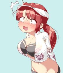 big_breasts blush d4dj hat kasuga_haruna light_green_leaf shocked swimwear tears thick_hips