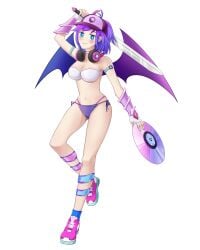 blue_eyes blush breasts dj female female footwear gacha_club gacha_dj_(female) hat headphones legwear lunime nail_polish nails navel painted_nails panties partially_clothed purple_hair shoes skimpy solo sword transparent_background unknown_artist weapon wings