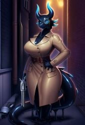 absurd_res ai_generated anthro big_breasts breasts cleavage clothed clothing coat digital_media_(artwork) dragon eyewear female glasses gun handgun hellsonger hi_res holding_weapon horn huge_breasts looking_at_viewer non-mammal_breasts ranged_weapon revolver solo thick_thighs trenchcoat weapon wide_hips