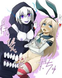 abyssal_ship blonde_hair blue_eyes breasts fellatio female futanari hair holding_hands intersex kantai_collection licking monster_girl neosino nipples oral penis purple_eyes re-class_battleship shimakaze_(kantai_collection) shinkaisei-kan white_hair