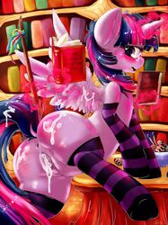 2014 absurdres alicorn anus ass book cum cum_in_pussy cum_inside cum_on_ass cum_on_wing dimwitdog easter egg equine eyewear female feral friendship_is_magic fur glasses hasbro highres holidays horn indoors levitation magic mammal my_little_pony open_mouth purple_eyes purple_fur purple_hair pussy solo thighhighs twilight_sparkle_(mlp) uncensored wings