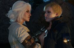 2girls 3d blonde_hair breasts cd_projekt_red ciri ciribestgirl cleavage female female_only french_kiss girls_only image_set kissing light-skinned_female the_witcher_(series) the_witcher_3:_wild_hunt ves white_hair yuri