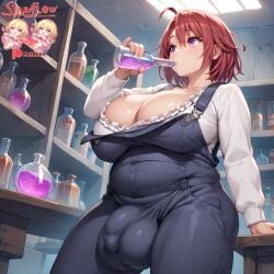 1futa ahoge ai_assisted ai_generated average_sized_penis balls balls_bigger_than_penis big_ass big_balls big_belly big_butt big_testicles breasts bulge bulge_under_clothes censored chubby chubby_belly chubby_futanari cleavage cock cow_girl_(goblin_slayer) drinking fat fat_fetish fat_futa futanari goblin_slayer overalls part_of_a_set penis potion purple_eyes red_hair sequence short_hair strawflow testicles thick_thighs young