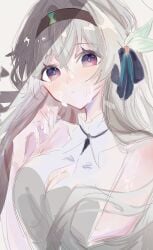 76yomo black_hairband blush breasts cleavage_cutout clothing_cutout collared_shirt cum cum_on_body cum_on_breasts facial female firefly_(honkai:_star_rail) grey_hair hair_between_eyes hairband highres honkai:_star_rail honkai_(series) large_breasts long_hair looking_at_viewer shirt solo upper_body wet white_shirt