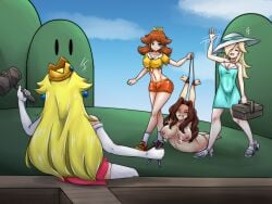 4girls alte-rie bondage cross hands_tied hands_tied_above_head mario_(series) orange_shorts outside pauline picnic_basket princess_daisy princess_peach princess_rosalina shorts summer_dress torture