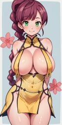 1girls aged_up ai_generated big_breasts braid braided_hair breasts chinese_clothes chloe_(pokemon) cleavage collarbone creatures_(company) female flower gamefreak green_eyes large_breasts light-skinned_female light_skin nintendo pokemon pokemon_journeys ryuzam single_braid solo yellow_dress