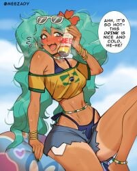 1girls ass beer big_ass big_breasts big_thighs bikini blue_hair blush brazil brazilian brazilian_female brazilian_miku breasts cyan_eyes cyan_hair female female_only hatsune_miku huge_ass huge_thighs latin_american_hatsune_miku_(meme) long_hair looking_at_viewer meezady midriff shirt shorts solo sweating tagme tan tan_body tan_line tan_lines tanline tanlines tanned thick_hips thick_thighs thighs thong twintails vocaloid yellow_shirt