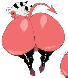 2024 ass backsack balls big_butt biped clothing demon demon_humanoid femboy footwear genitals hair helluva_boss hi_res high_heels huge_butt humanoid legwear looking_at_viewer looking_back male male_only moxxie_(helluva_boss) not_furry red_body shoes thecon thick_thighs thigh_highs