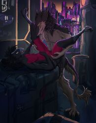 absurd_res alley avian city clothing clothing_aside dousbrata duo hi_res legs_up looking_pleasured lying male nevrean nude on_back open_mouth penetration sergal standing