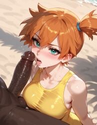 1boy ai_generated bare_shoulders beach blowjob breasts collarbone dark-skinned_male erection female hi_res highres interracial kasumi_(pokemon) kawaiilux one-piece_swimsuit open_mouth oral orange_hair pokemon ponytail saliva sand short_hair tongue uncensored veiny veiny_penis