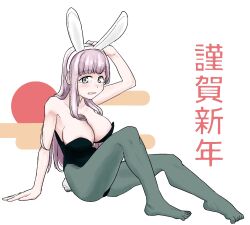 areolae blush bunny_ears bunnysuit d4dj grey_eyes huge_breasts izumo_saki japanese_text long_hair sitting smiling_alpaca stockings