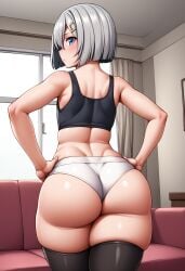 ai_generated alternate_breast_size ass bare_shoulders black_legwear black_tank_top black_thighhighs blue_eyes blush breasts eyebrows_visible_through_hair female flat_chest hair_ornament hairclip hamakaze_(kantai_collection) hands_on_hips huge_ass indoors kantai_collection looking_at_viewer midriff navel self_upload shiny_skin short_hair short_shorts shorts silver_hair skindentation solo standing tank_top thick_thighs thighhighs white_shorts yuki_to_hana_(style)